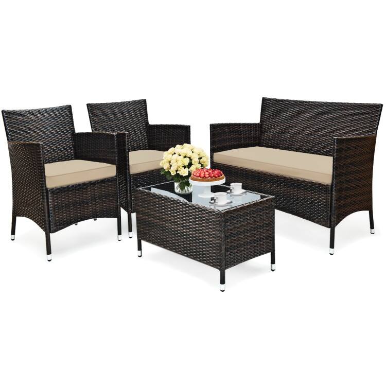 Rattan Patio Conversation Furniture Set with Glass Table and Comfortable Sofa - 4 Pcs
