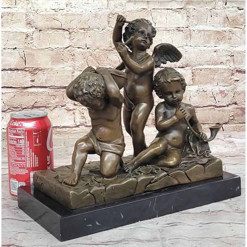 Three Cherubim Winged Cherub Baby Angel Putti Sculpture On Marble Base