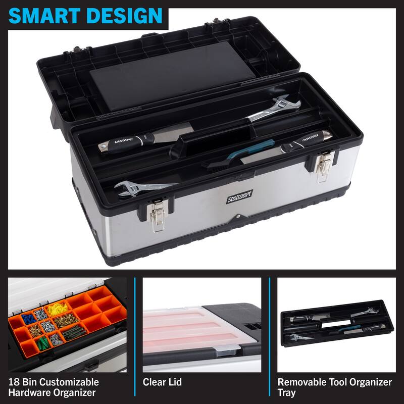 Tool Box with 18 Bins and Removable Tray - Portable Metal and Plastic Tool Tote with Ergonomic Handle by Stalwart