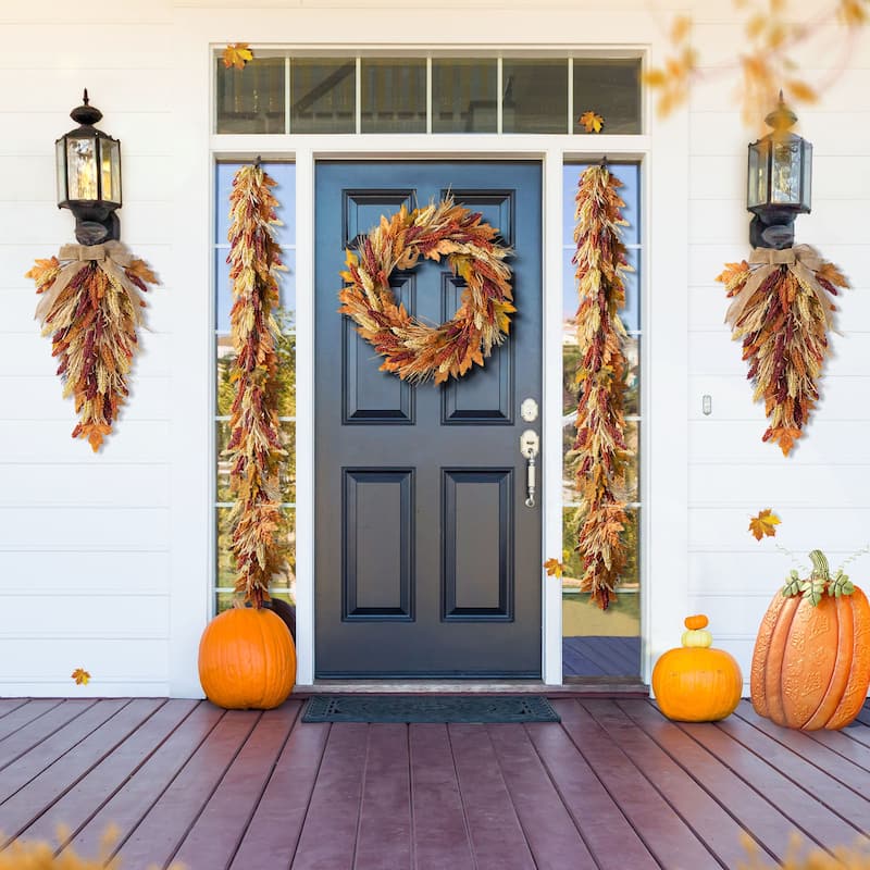 Glitzhome Fall Multi-Colored Sorghum Garland Wreath Swag with Black Metal Wreath Hanger