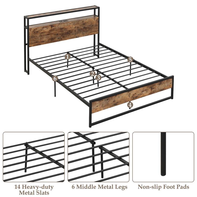 Gymax Full Size Industrial Platform Bed Frame with Charging Station