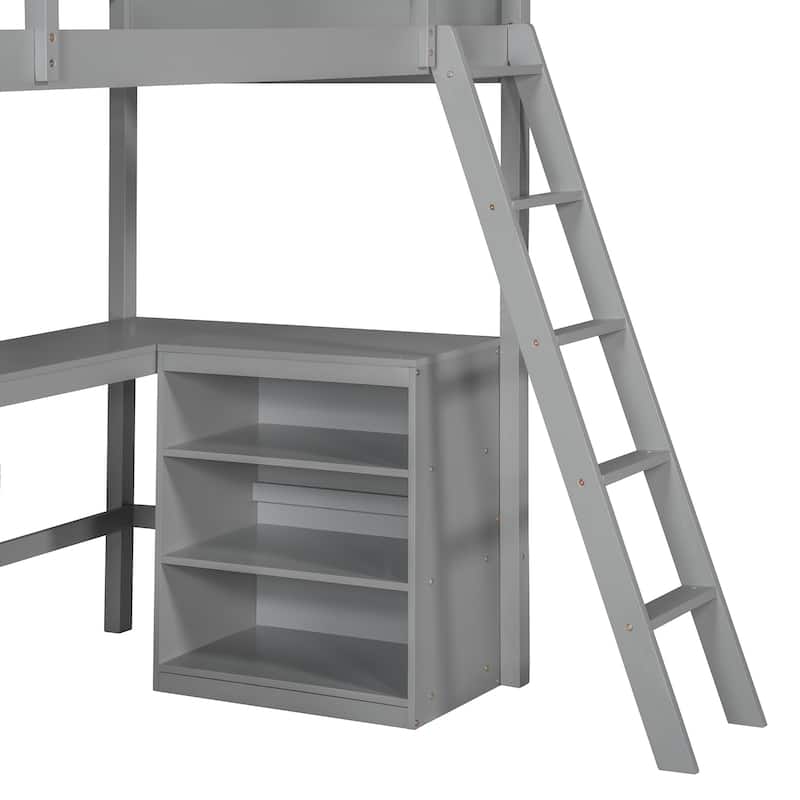 Solid Pinewood Twin Size Loft Bed with Full Length Guardrail, Wooden High Loftbed Frame with Storage Shelves and Built In Desk