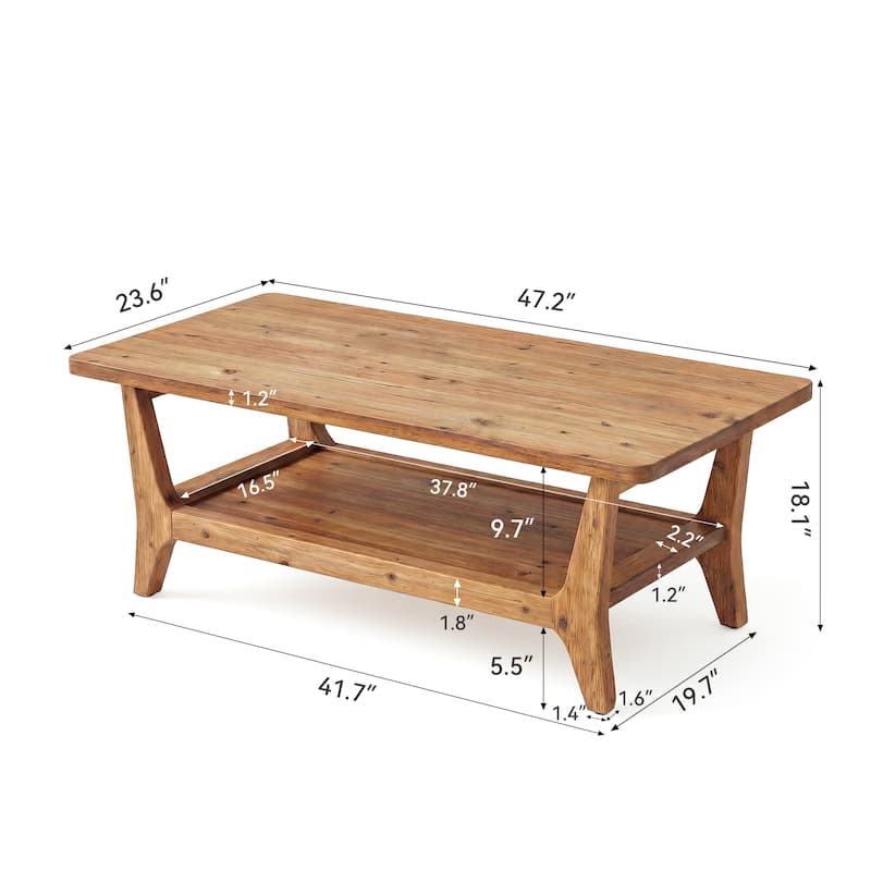 47'' Solid Wood Coffee Table with Open Storage Shelf, Mid-Century Rectangle Center Table