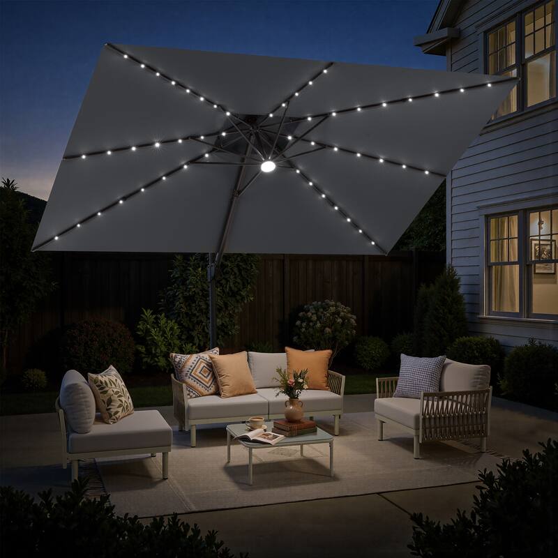 11 FT Square Outdoor Premium Double Top Solar Powered LED Patio Cantilever Umbrella - Dark Grey