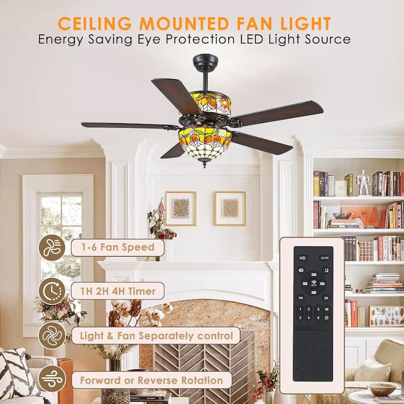 50" TiffanyTropical Ceiling Fan with 5 Palm Leaf Bllades and Vintage Cover Waterproof for Indoor and Outdoor Patio