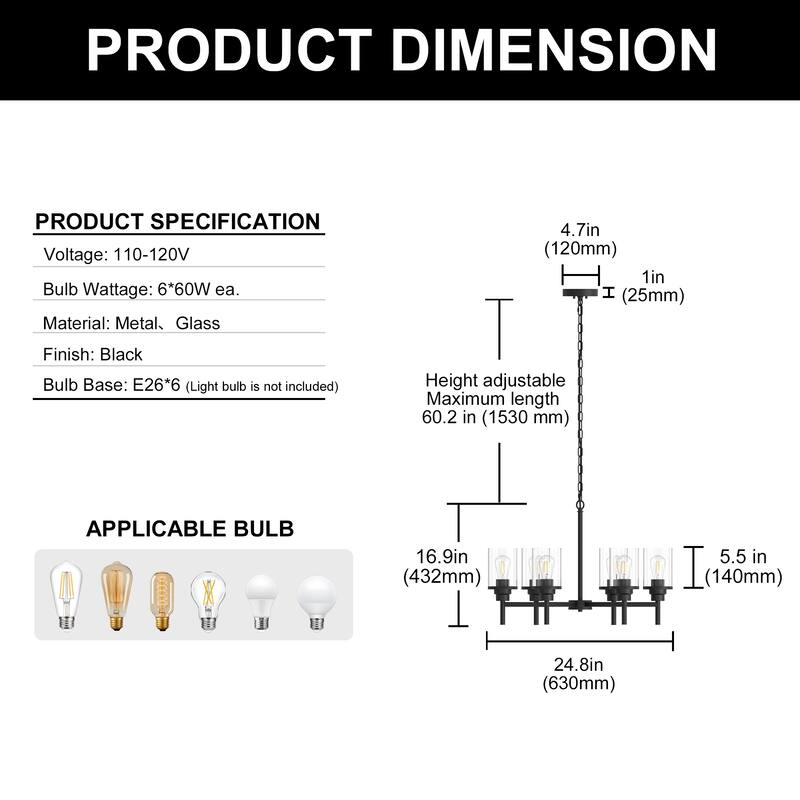6-Light Matte Black Branch Chandelier, E26 Base, Clear Glass, No Bulbs