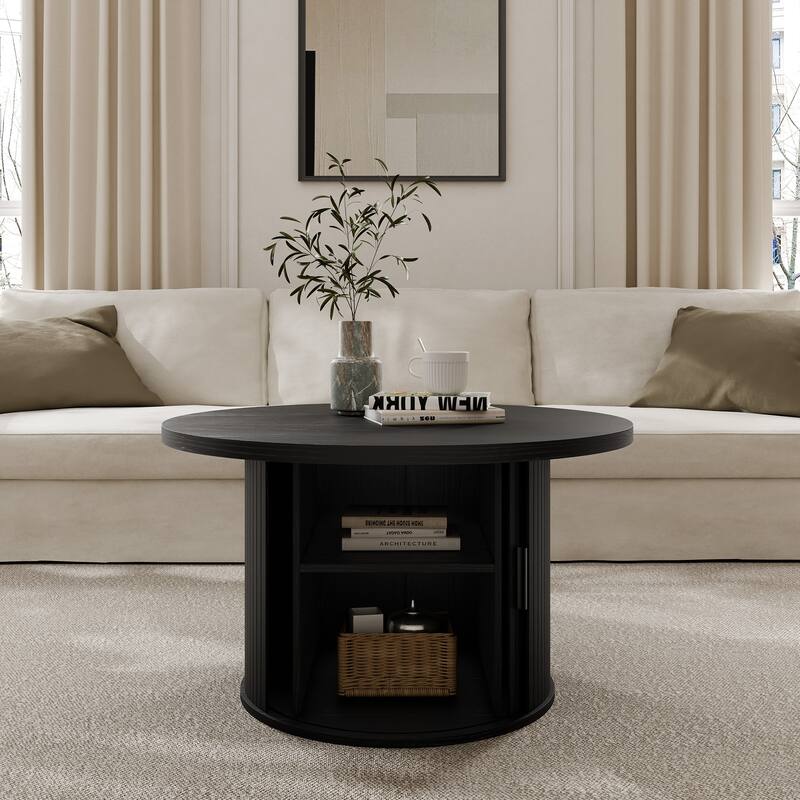 Mid Century Modern Round Coffee Table with Storage, Tambour Door Design Table for Living Room - 19.7'' H X 35.4'' L X 35.4'' W - Black