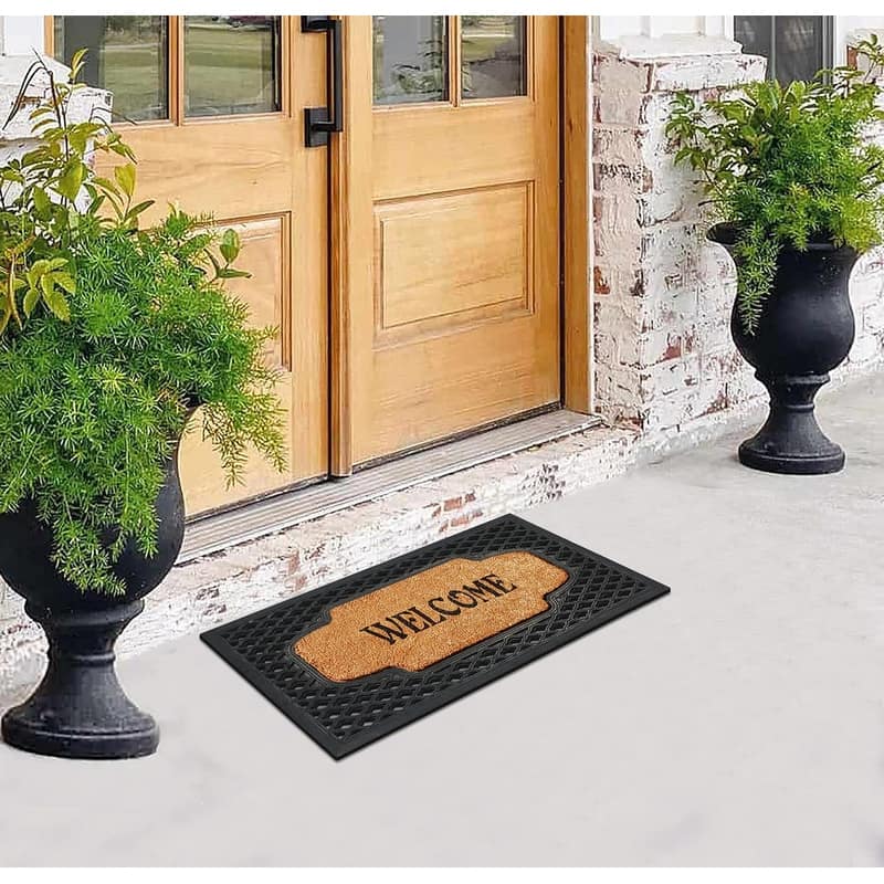A1HC Welcome Mesh Border Rubber and Coir Large Heavy-Duty Outdoor Doormat, Black - 23"X38"