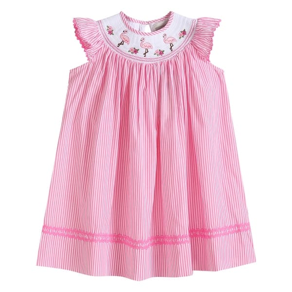 slide 2 of 4, Pink Striped Flamingo Smocked Bishop Baby Dress