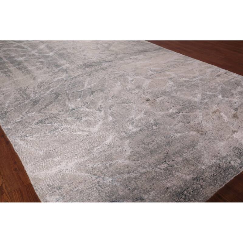 All-Over Abstract Indian Area Rug Handmade Beige Wool Carpet - 5'6"x 7'11"