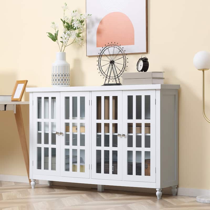 Buffet Cabinet with 4 Tempered Glass Doors,Stripe Pattern and Adjustable Storage Shelf