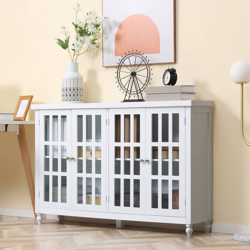 Sideboard, Buffet Cabinet with 4 Tempered Glass Doors, Stripe Pattern and Adjustable Storage Shelf, Credenza