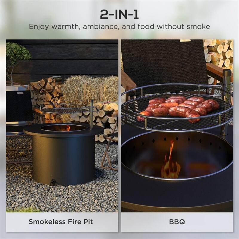 Outdoor Fire Pit and BBQ Pit Black Stainless Steel Smokeless Fire Pit with Grill Grate Poker and Ash Tray 25 Inch