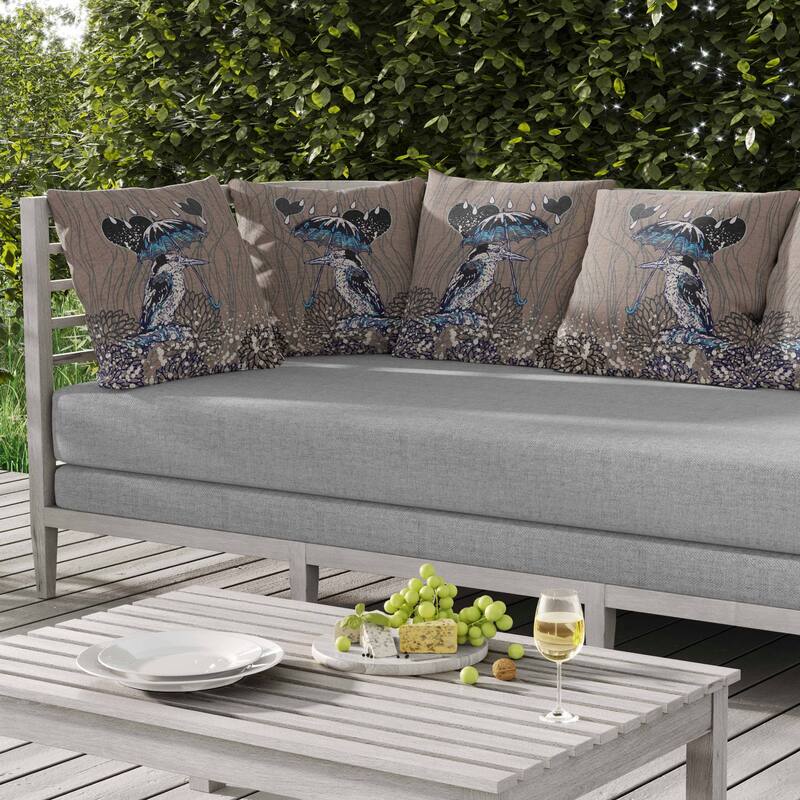 Bird with Umbrella Indoor/Outdoor Reversible Throw Pillow Gray and Black