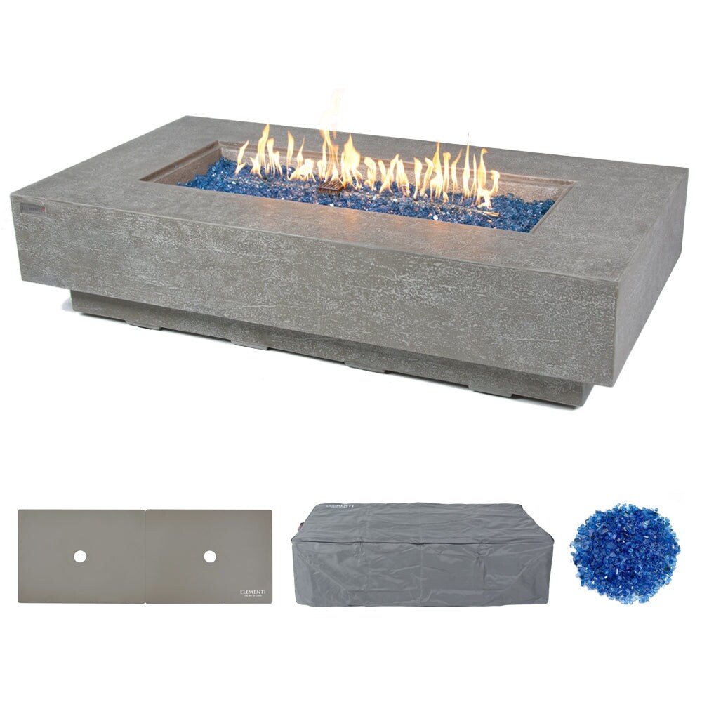 Elementi Plus Riviera Outdoor Fire Pit Table Concrete Rectangular 60000 BTU - 60 x 31.9 inches with Lid, Fire Glass, and Cover
