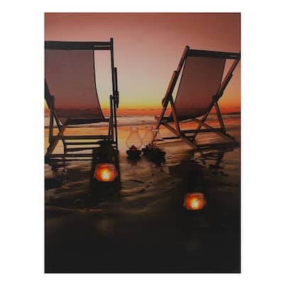 LED Lighted Sunset Beach Chairs with Lanterns Canvas Wall Art 15.75"