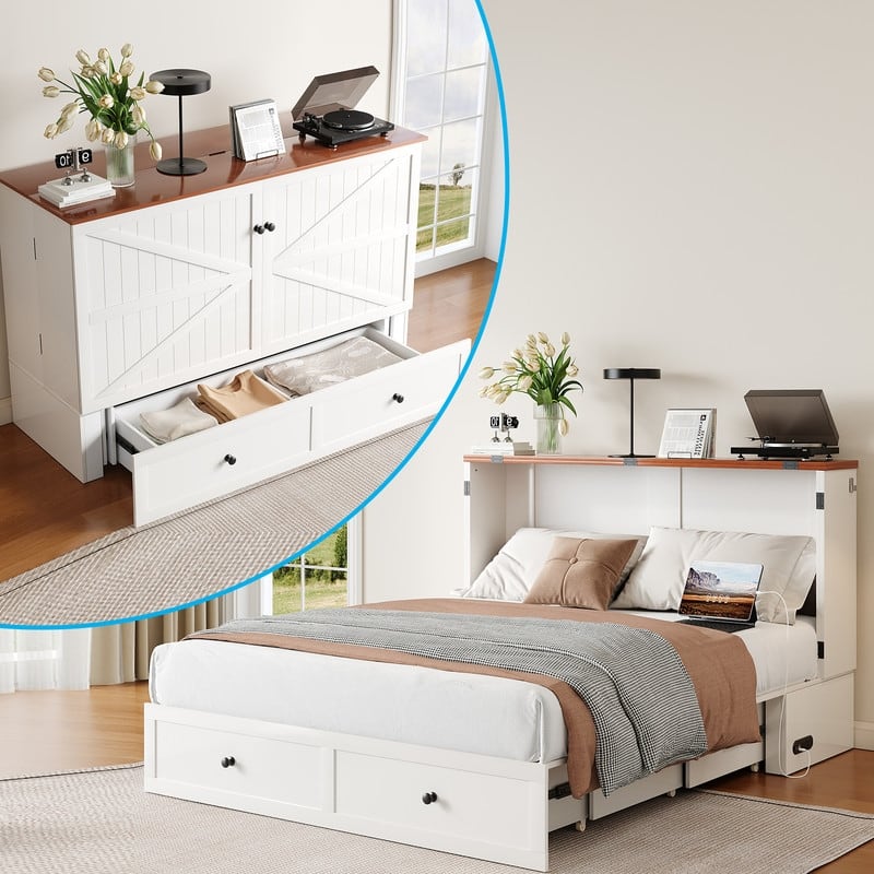 Mixoy Modern Full/Queen Size Murphy Bed Chest with Storage，USB Charging Station，No Mattress - White without Mattress - Queen