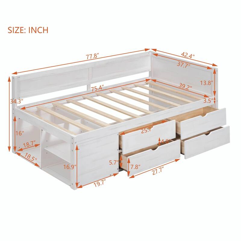 Daybed with Storage Drawers and Shelves