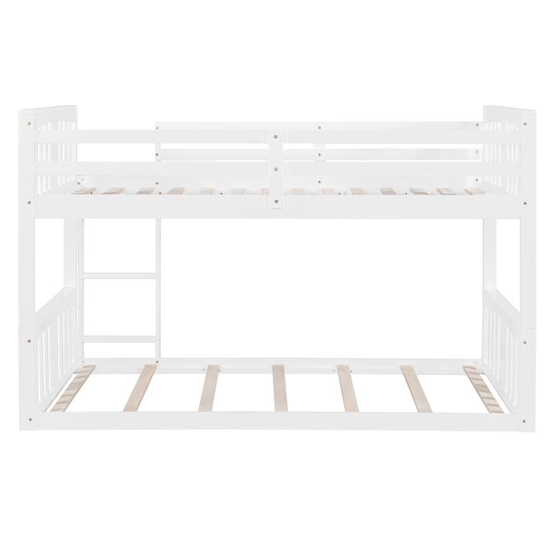 Twin Over Twin Floor Bunk Bed with Ladder, Solid Wood Bunk Bed Frame with Full-Length Guardrail, Detachable into 2 Separate Beds