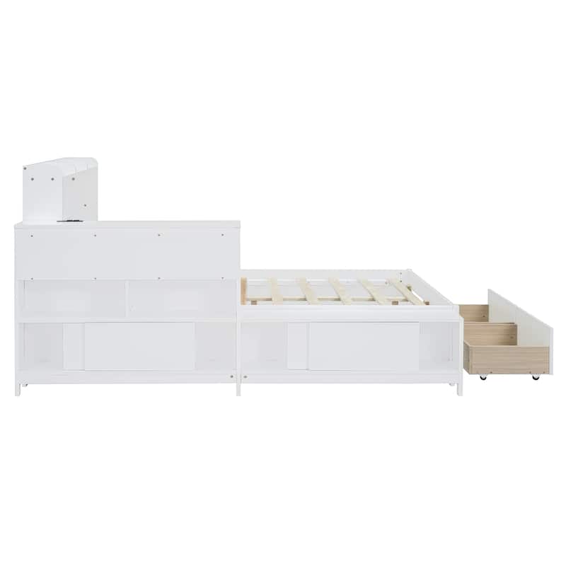 Full Size Wooden Platform Bed with Storage Headboard, Integrated Desk, Nightstand, and USB Ports for Modern Living