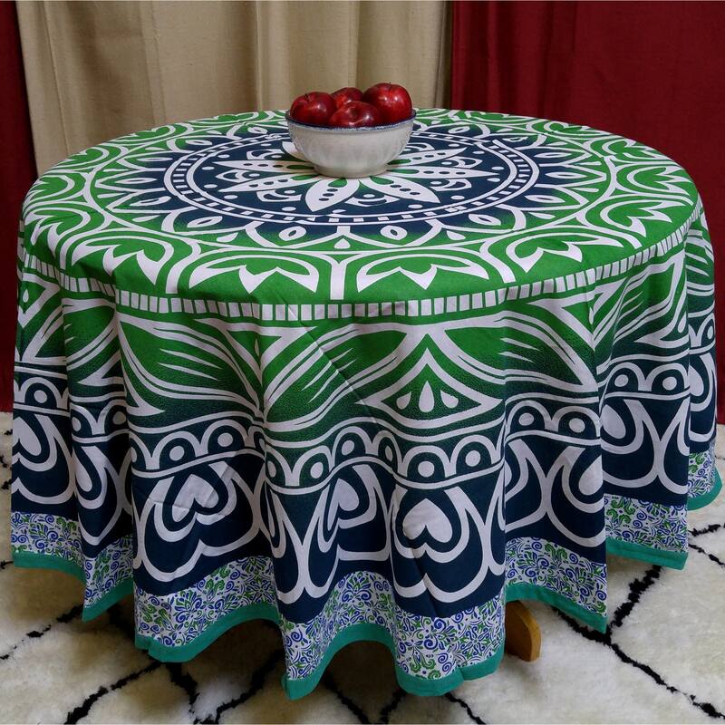 Cotton Floral Heart Medallion Tablecloth Round - 81 inches - Blue Green Hearts