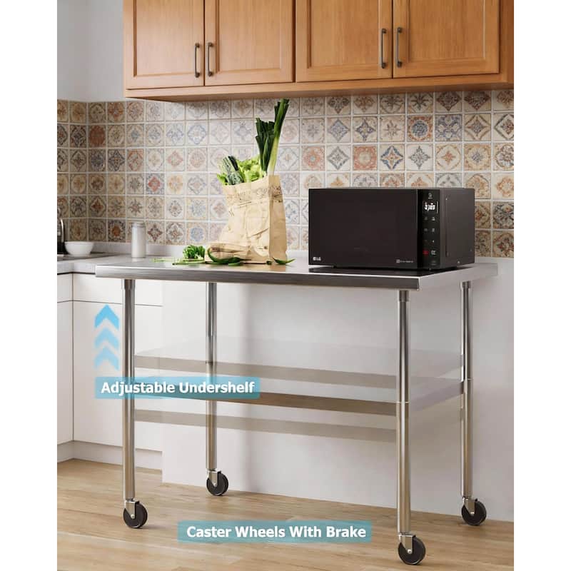 Heavy Duty Stainless Steel Work Table, with Wheels and Adjustable Bottom Shelf
