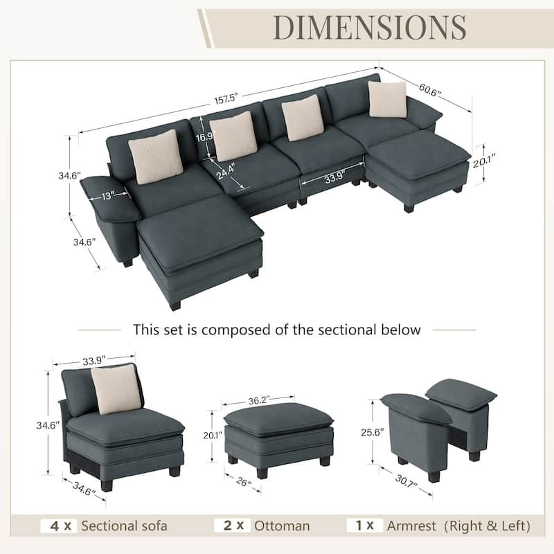 MAISON ARTS Modular Cloud Sectional Sofa, Comfy L- or U-Shaped Couch with Ottomans & Pillows, 4–6 Seat Living Room Sofa