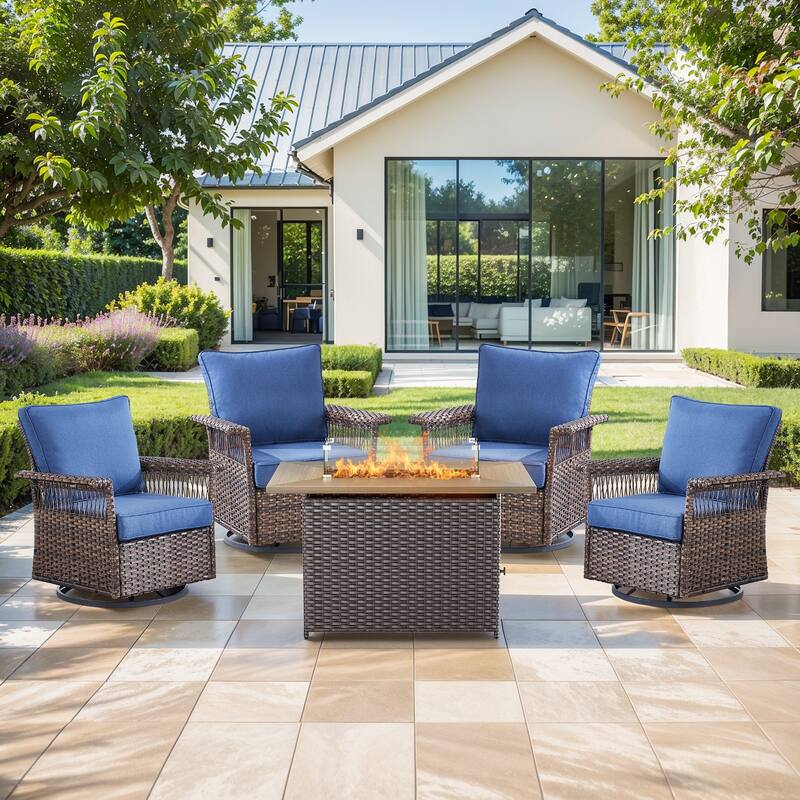 Pocassy 41 in Fire Pit Table with Patio Sofa Chair Funiture - Brown Wicker Blue Cushion - 5-Piece Swivel Chair with Fire Pit Table
