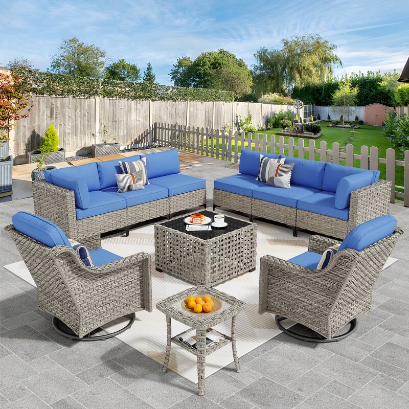 OVIOS 10 Pieces Outdoor Wicker Swivel Chair Set With Solar-Powered Coffee Table