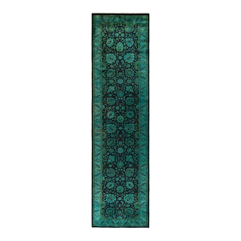 Overton Hand Knotted Wool Vintage Inspired Modern Contemporary Overdyed Green Area Rug - 3' 2" x 12' 0"