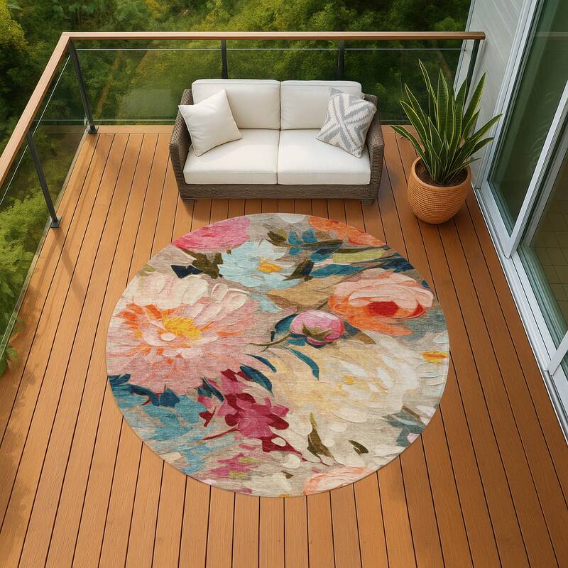 Machine Washable Indoor/ Outdoor Watercolor Floral Chantille Rug - Putty - 8' x 8'