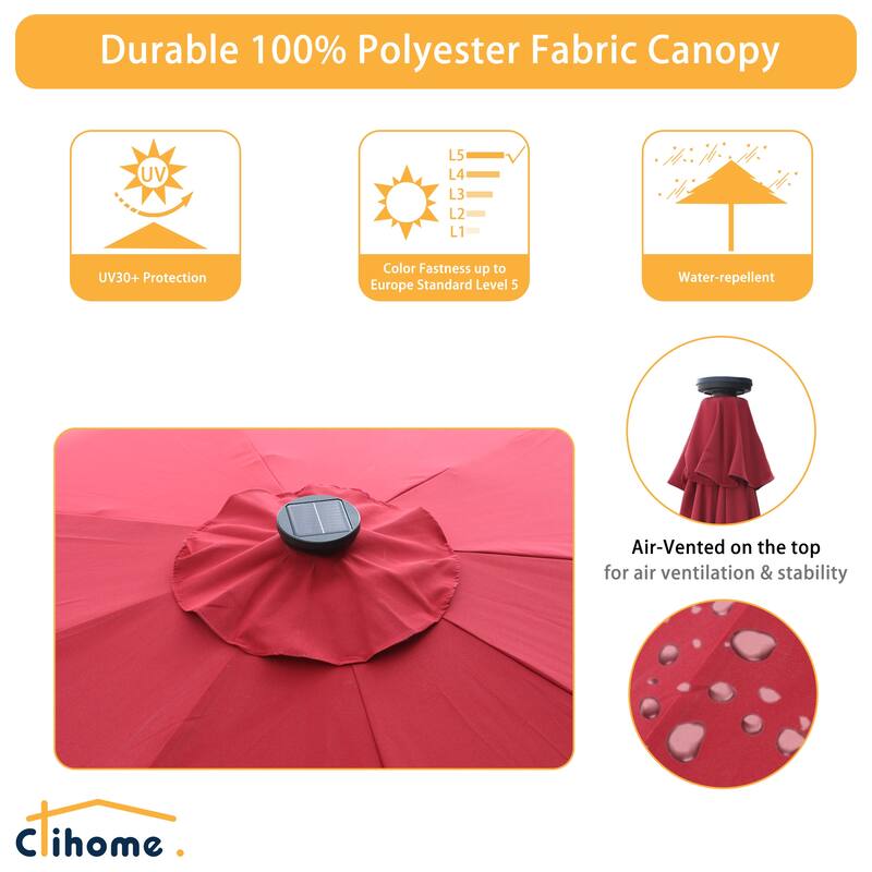 Clihome 9-Ft Outdoor 32 LED Solar Market Umbrella with Tilt & Crank