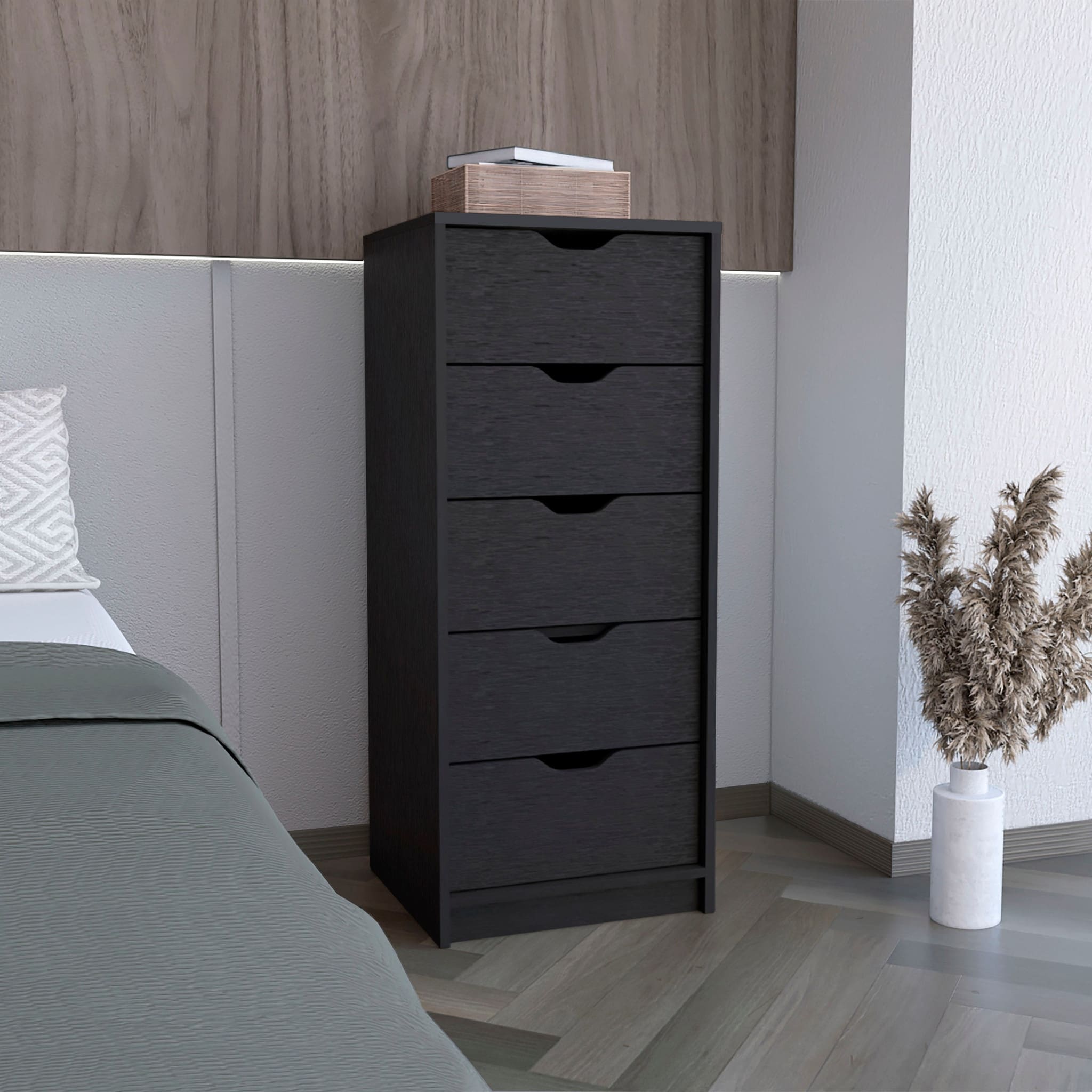 black narrow dresser Logan Black 5 Narrow Drawer Dresser Black Bedroom Wood main image 1