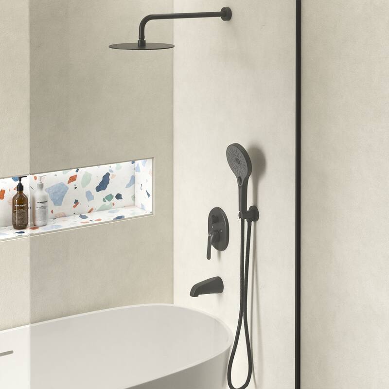 3-Functions Wall Mount Shower System Rainfall Shower Head - Matte Black 10 inch