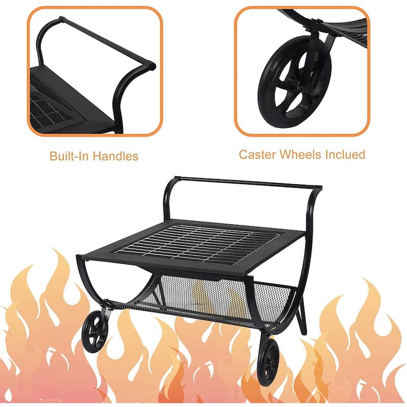 Patio Fire Pits Outdoor with Wheels and 27" Steel Square Firepit BBQ Grill