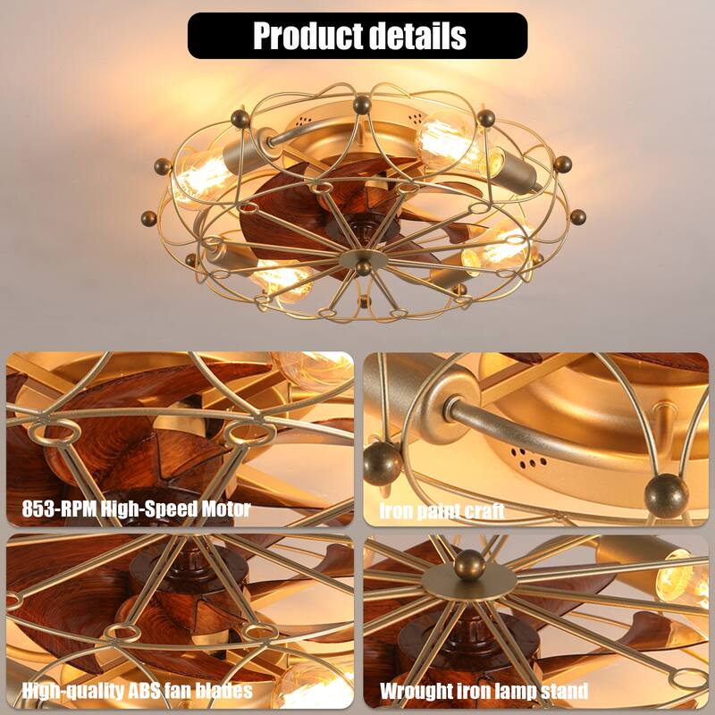 Modern Flush Mount Ceiling Fan Light with Light and Remote Control, Cage Design for Bedroom and Living Room