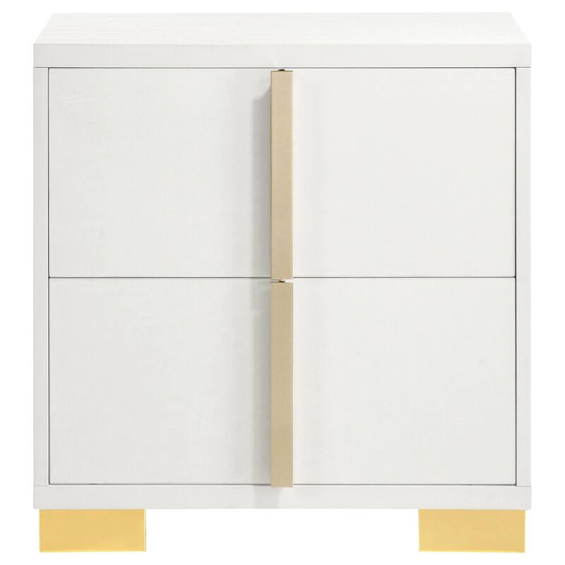 Modern White 2-Drawer Nightstand with Gold Metal Accents, Art Deco Geometric Detailing, Smooth Glide Storage