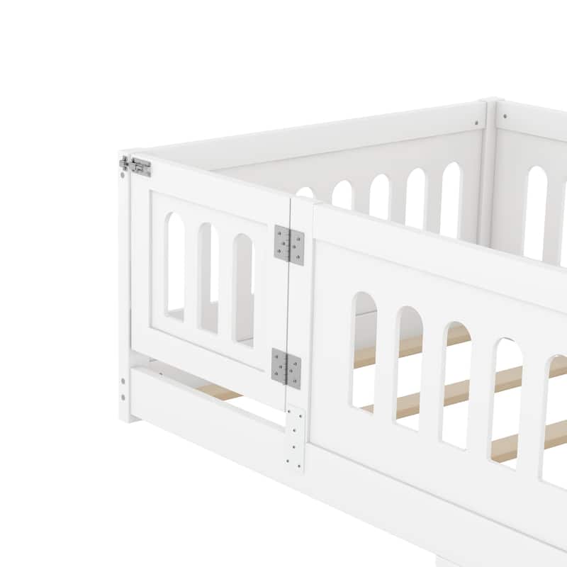 Solid Wood Montessori Floor Bed with Fence & Doors, Wood Slats Support