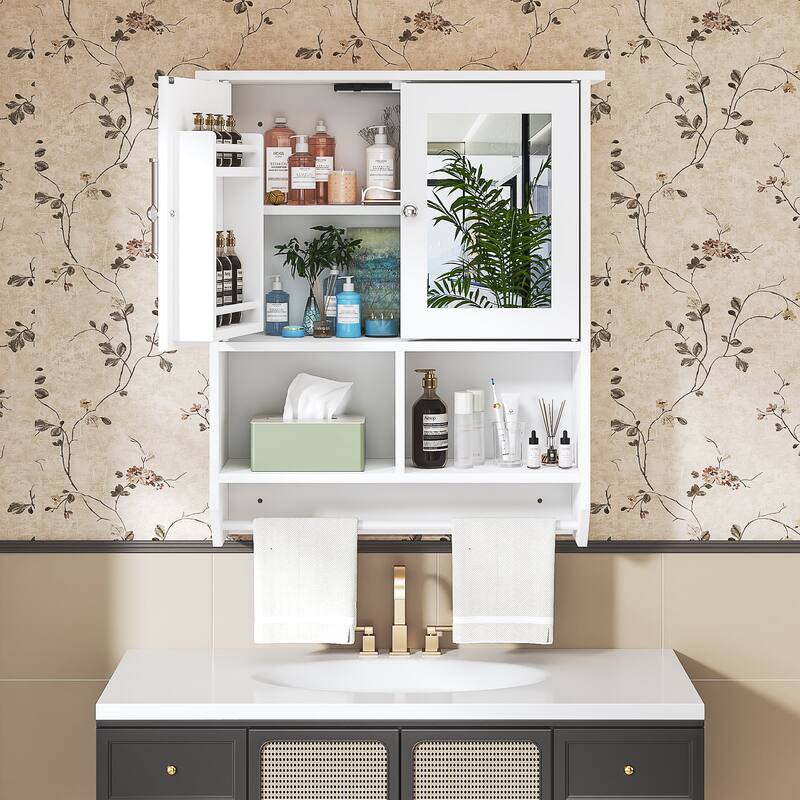 VECELO White Double Door LED Mirror Medicine Cabinet with Adjustable Shelves Tempered Glass Wall Mounted Bathroom Cabinet