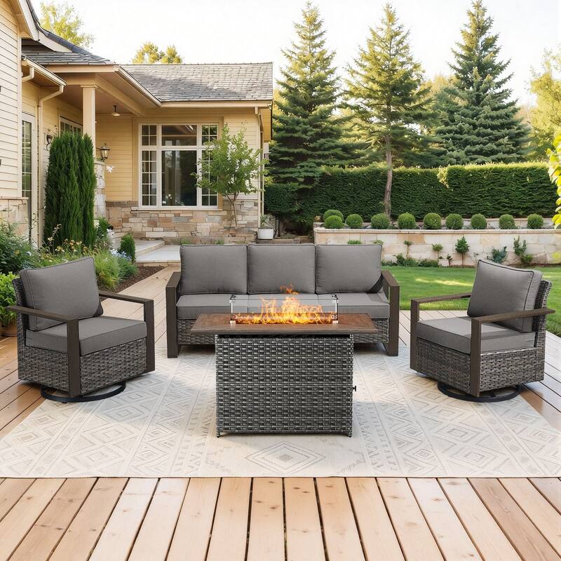 Meyreso Wicker Outdoor Patio Fire Pit Set with Swivel Gliders & 4.5" Olefin Cushions