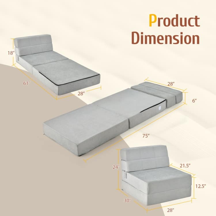 Tri-Fold Folding Chair Convertible Sleeper Bed - 75" x 28" x 6 "