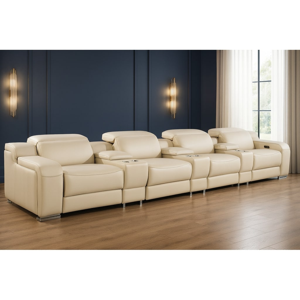 HomeRoots 169" Beige Italian Leather Reclining USB Sofa
