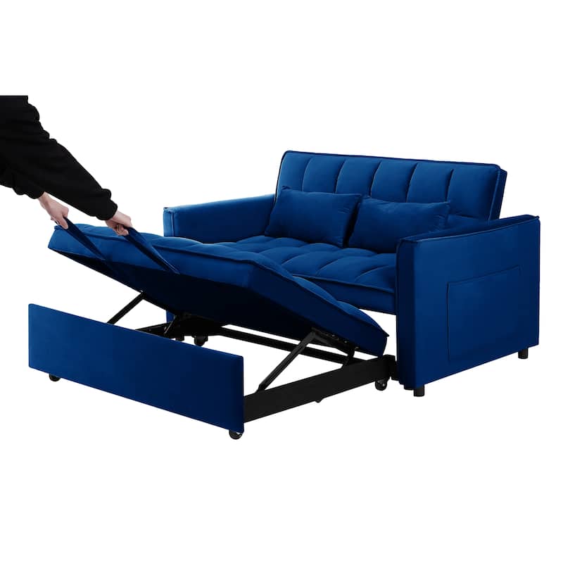 Blue Modern 55.1" 3 in 1 Convertible Loveseat Sofa Bed with Adjustable Back and Storage Bag for Living Room