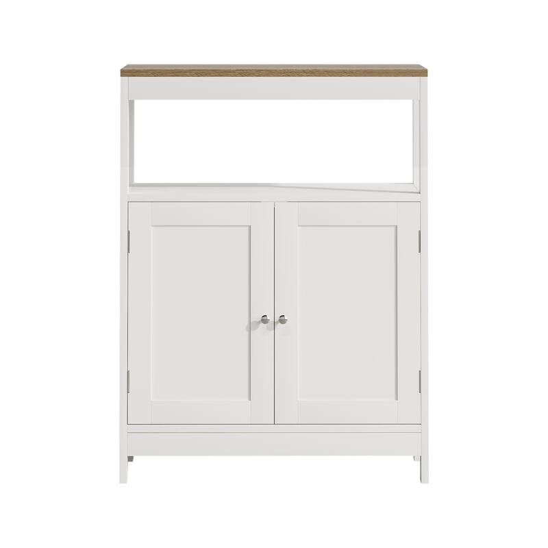 Modern Storage Cabinet with Double Doors, Free-Standing Bathroom Cabinet with Adjustable Shelf and Natural Wood Top