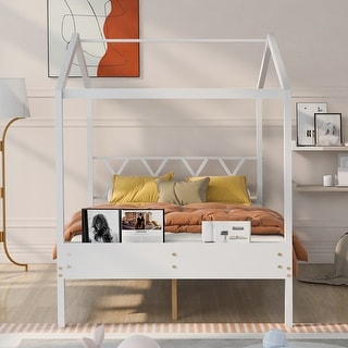 Twin House Bed with Roof & Fence - Playhouse Design for Kids