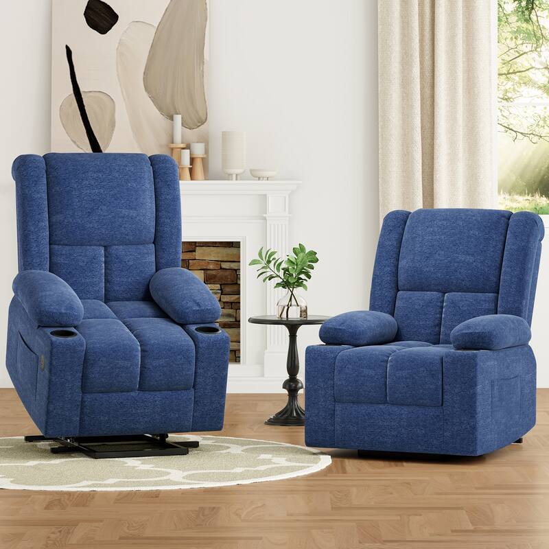 Power Lift Recliner Chair, Lounge Chaise Chair with Heat Functions, Massage Chair with USB Ports & Cup Holders - Blue