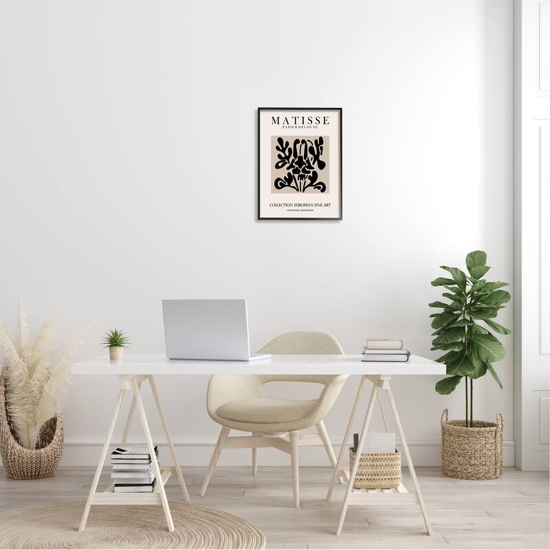 Stupell Abstract Contemporary Black Floral Design Matisse Typography Framed Wall Art - Off-White