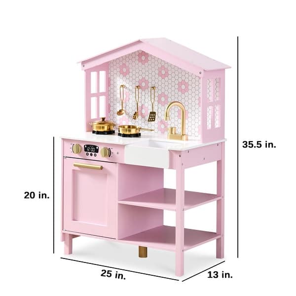 Pretend Play Wooden Farmhouse Kitchen Set w/ Storage, 5 Accessories