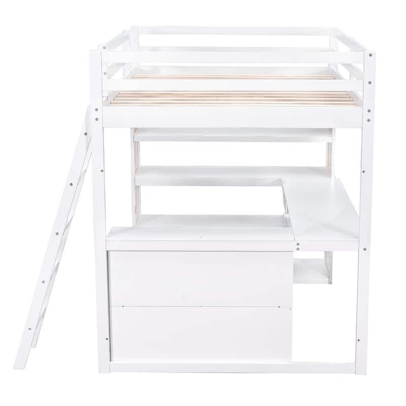 White Loft Bed with Desk, Shelves, Drawer, and Ladder, Full-Length Guardrail