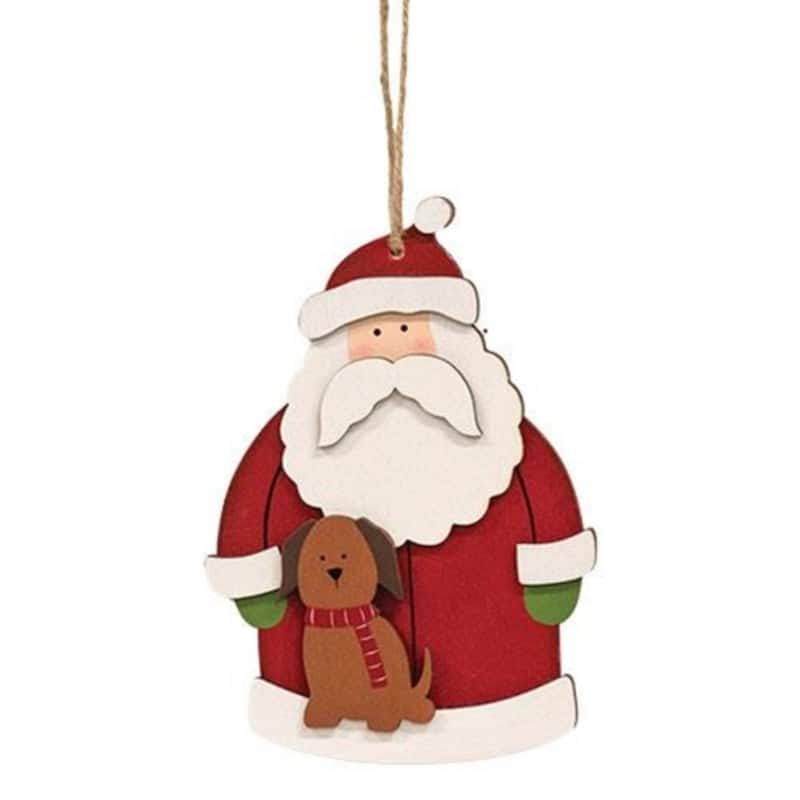 Wooden Santa with Dog Ornament Christmas Tree Decoration Rustic Holiday Hanging Decor - 6" x 4"